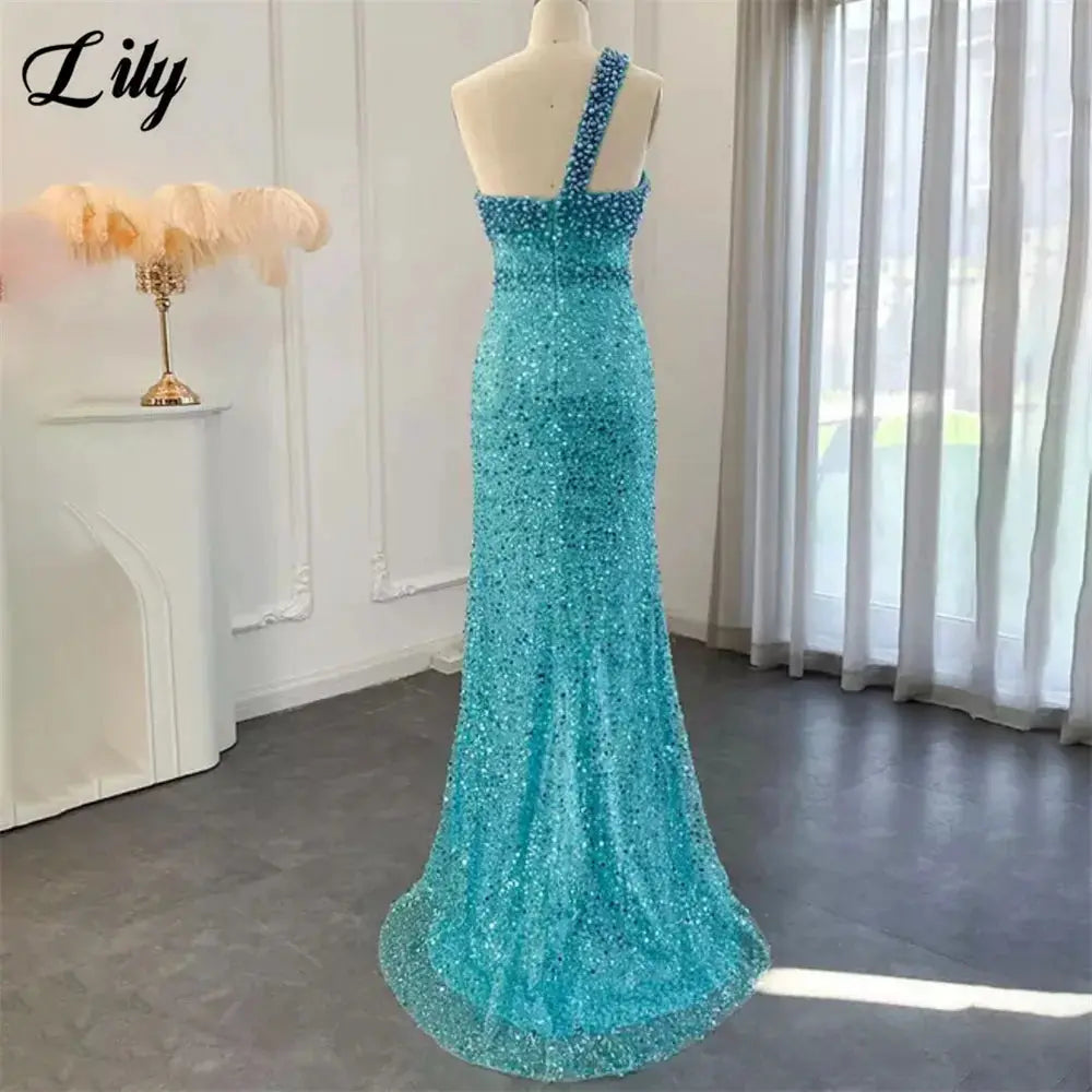 Lily Blue Prom Dress One Shoulder Sleeveless Mermaid Gown Rhinestones