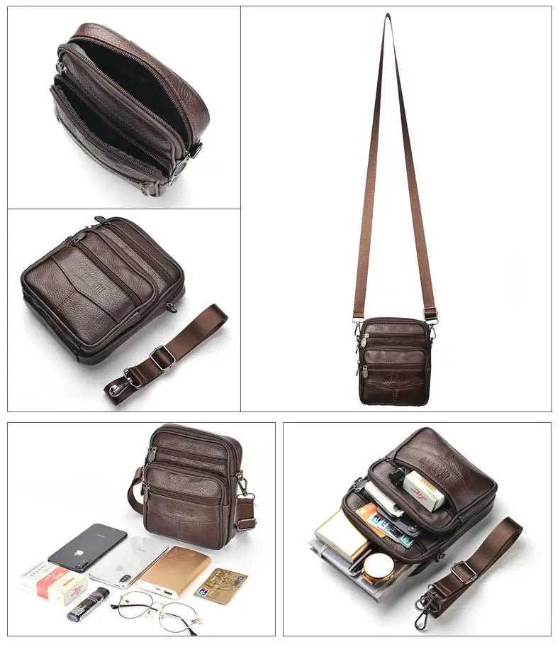 Men's genuine brown leather crossbody bag with multiple zip pockets and adjustable strap by Simples Market