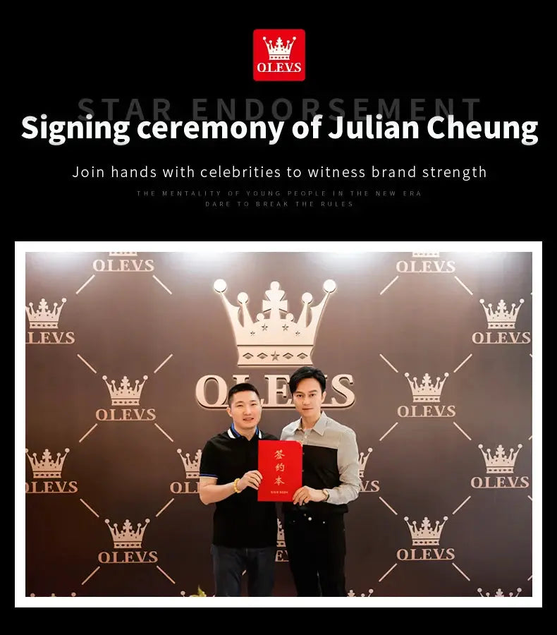 OLEVS 5529 luxury men's watch branding event backdrop with two men holding a red folder