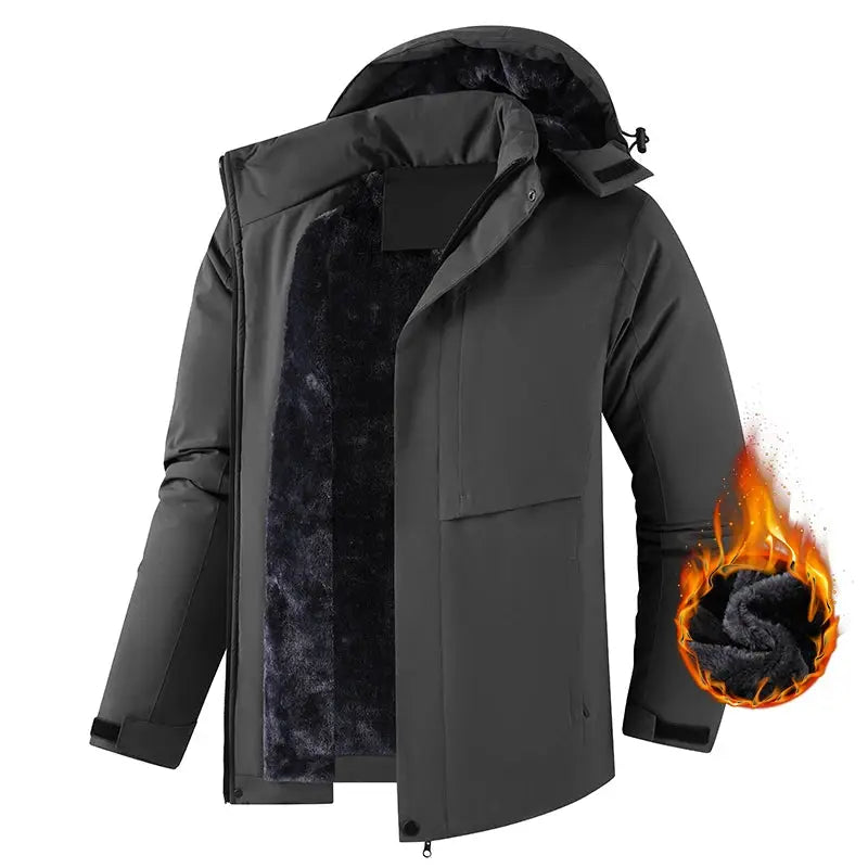 Winter men's waterproof insulated parka jacket with hood, fleece-lined interior.