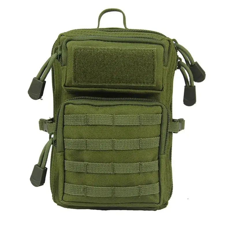 Tactical MOLLE pouch in green with multiple pockets and a top handle