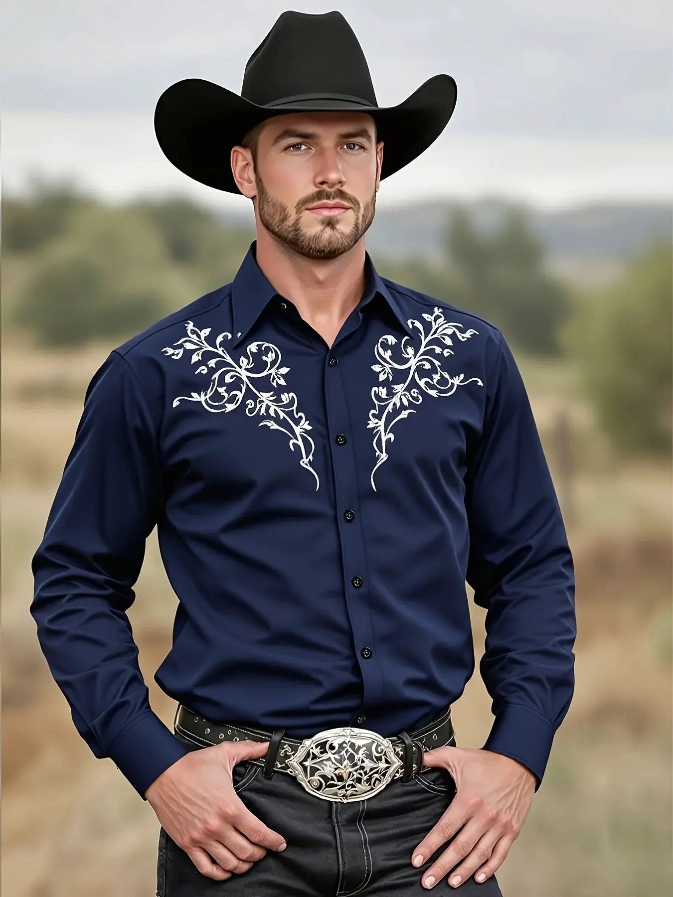 Men's navy blue western cowboy shirt with white embroidery