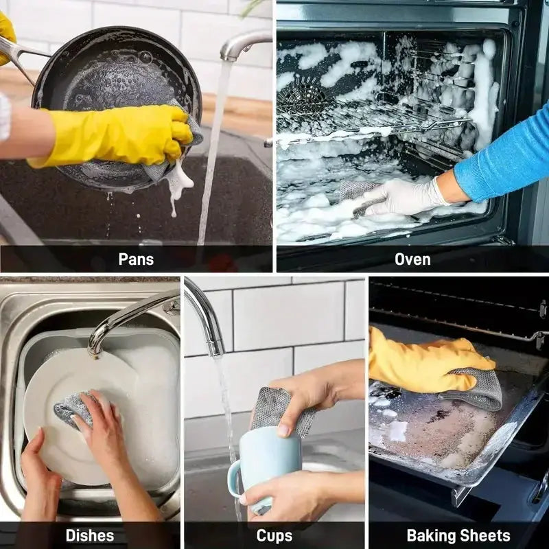 Simples Market double sided steel scrubber dishcloths for kitchen cleaning; suitable for pans, ovens, dishes.