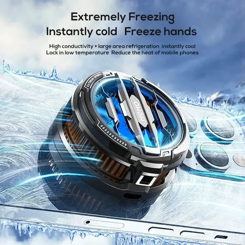 Phone cooler with magnetic back clip, circular blue translucent housing, 2-in-1 MEMO CX08/CX07 for iOS & Android