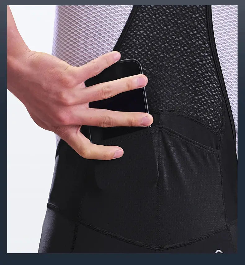 INBIKE men's MTB cycling bib shorts in black with a mesh back panel and side phone pocket