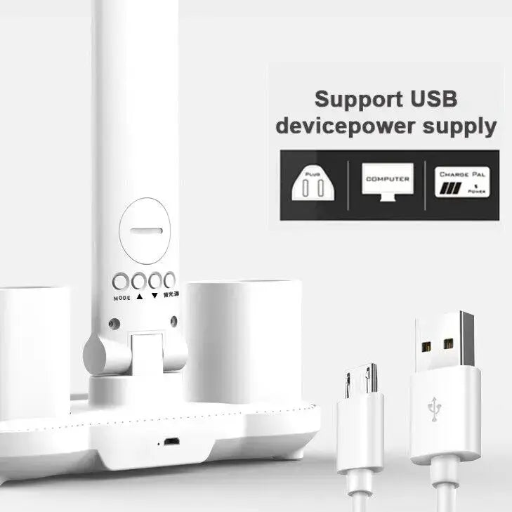 White LED clock table lamp with USB charging, foldable joints, and 180° rotation desk light