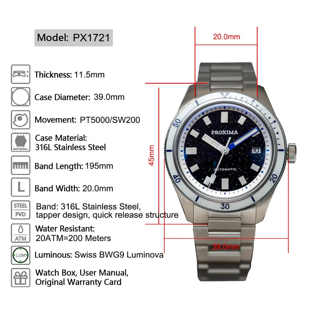 Proxima PX1721 men's automatic watch with aventurine dial, 39mm stainless steel case/bracelet, sapphire crystal, 200m water resistant