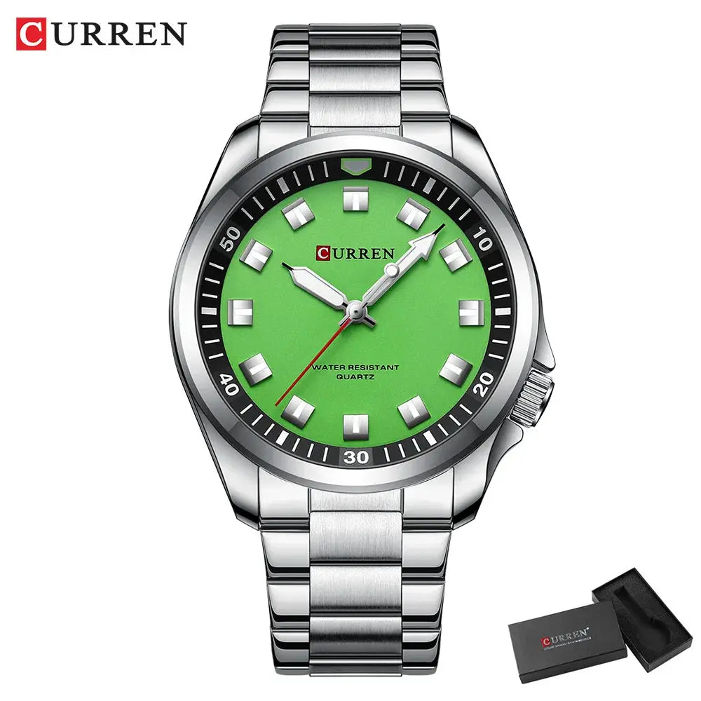 CURREN men's stainless steel wristwatch with green dial, silver bracelet, black bezel, water resistant quartz movement