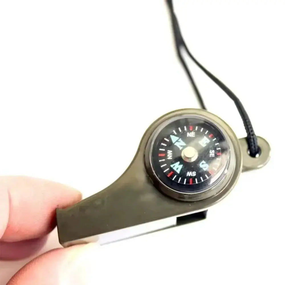 3in1 outdoor emergency whistle with compass, olive-green metal body and attached black lanyard