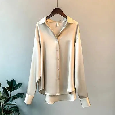 Office Lady Satin Long Sleeve Blouse With Elegant Korean Style Luxury For Professional Office Wear