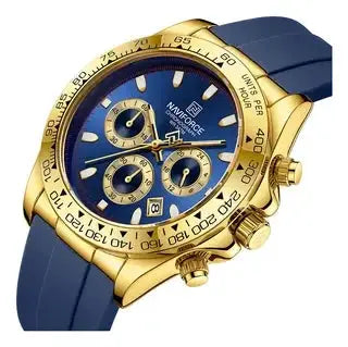 Naviforce men's watch with blue dial, gold-tone case and blue silicone strap; chronograph subdials