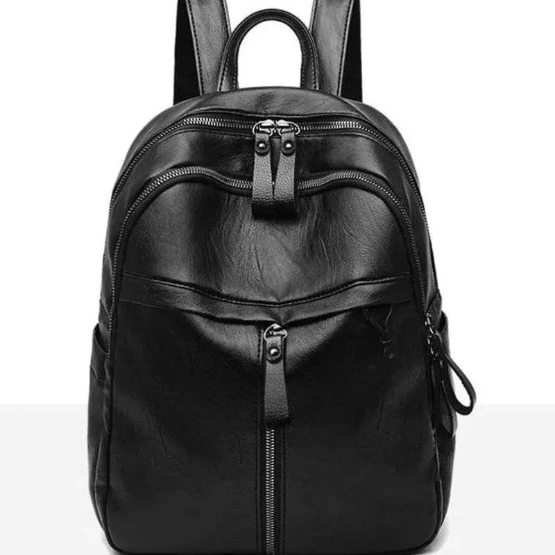 Backpack by Simples Market, black leather casual bag with multiple zipper pockets, top handle, and adjustable straps