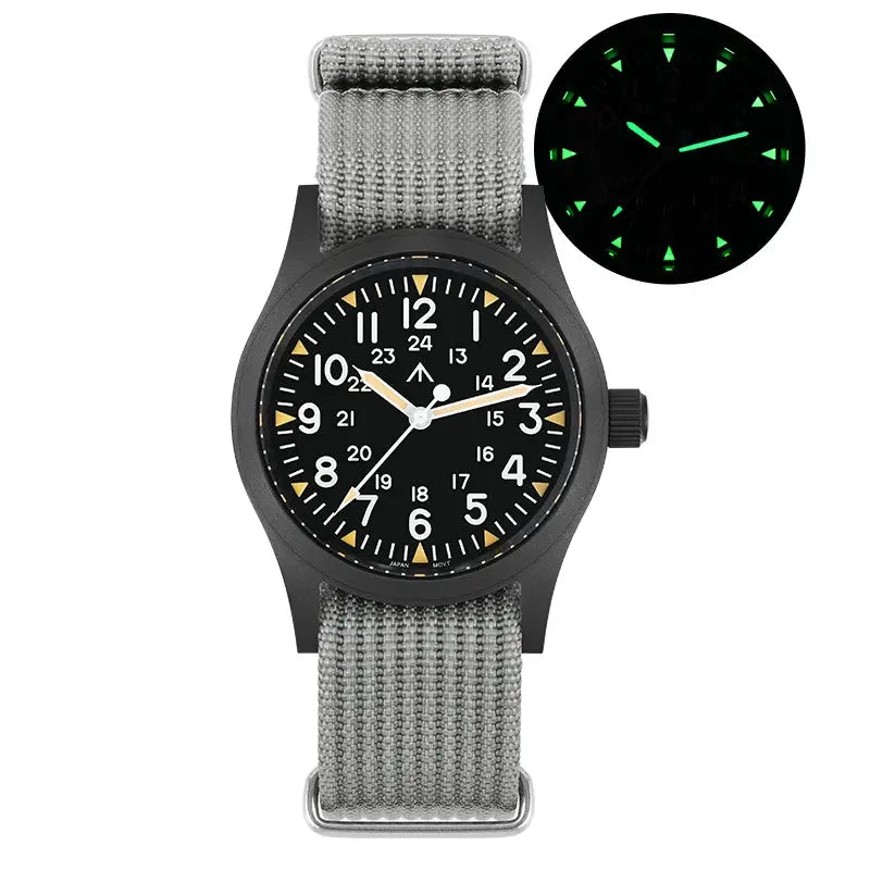 Militado ML05 vintage watch by Simples Market with 38mm black dial, gray NATO strap, luminous markers