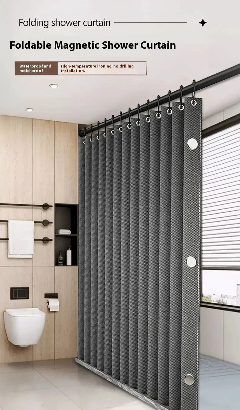 Foldable magnetic shower curtain in dark gray linen texture for walk-in shower by Simples Market.