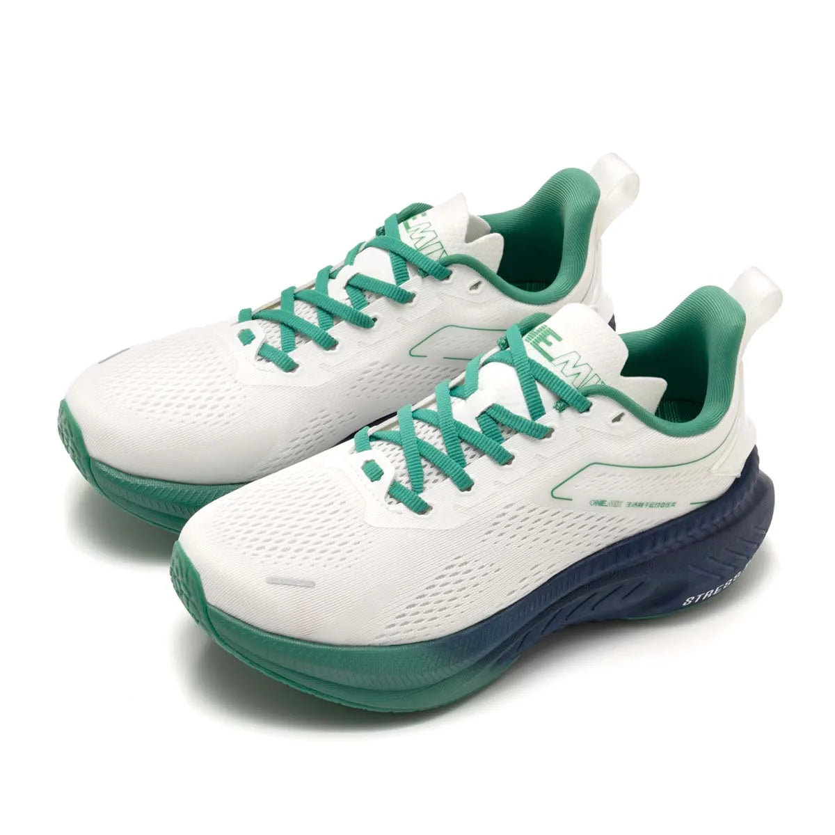 ONEMIX men’s running shoes, white with teal laces and green lining; breathable mesh upper and cushioned midsole (2 shoes)