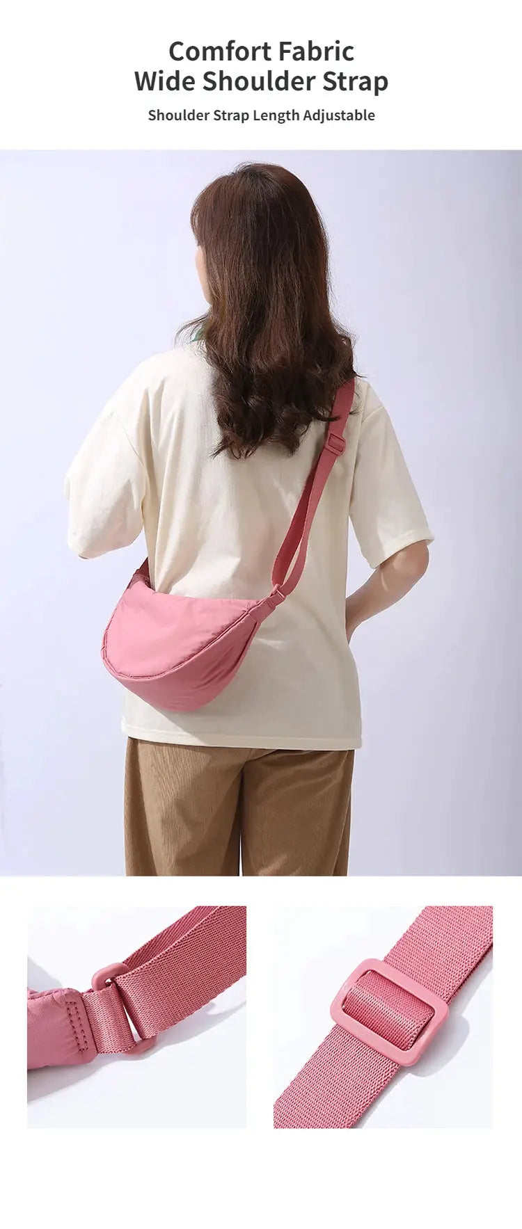 Pink solid color nylon crossbody shoulder bag for women with adjustable strap and padded design