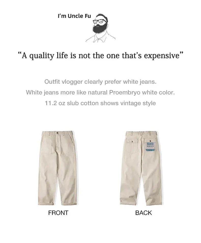 Maden Vintage 11.2oz white cottonseed hull jeans, loose straight cargo pants, front and back views