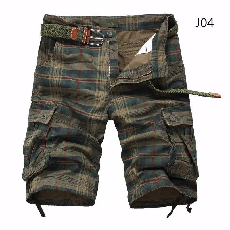 Simples Market men's plaid cargo shorts with belt, green camouflage pattern and cargo pockets