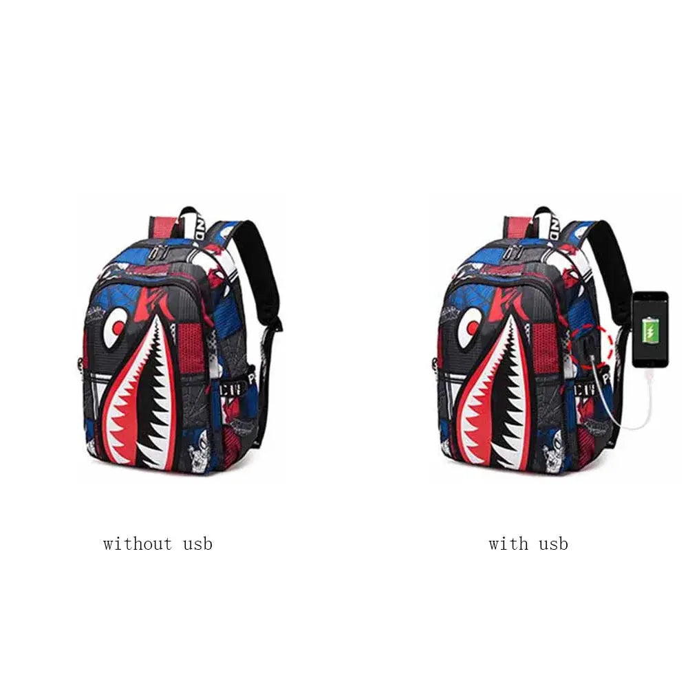 Backpack Simples Market, shark print school bag in blue/red; two backpacks shown (with USB and without USB)