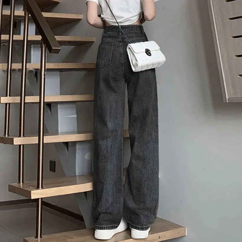 Womens Vintage Wide Leg Jeans High Waist Denim Pants Black Grey Blue