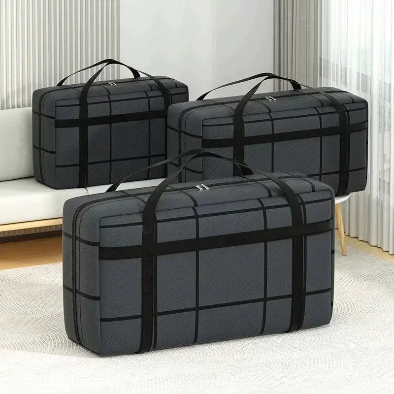 Simples Market travel storage bag set of 3, dark gray foldable waterproof duffels with black grid pattern.