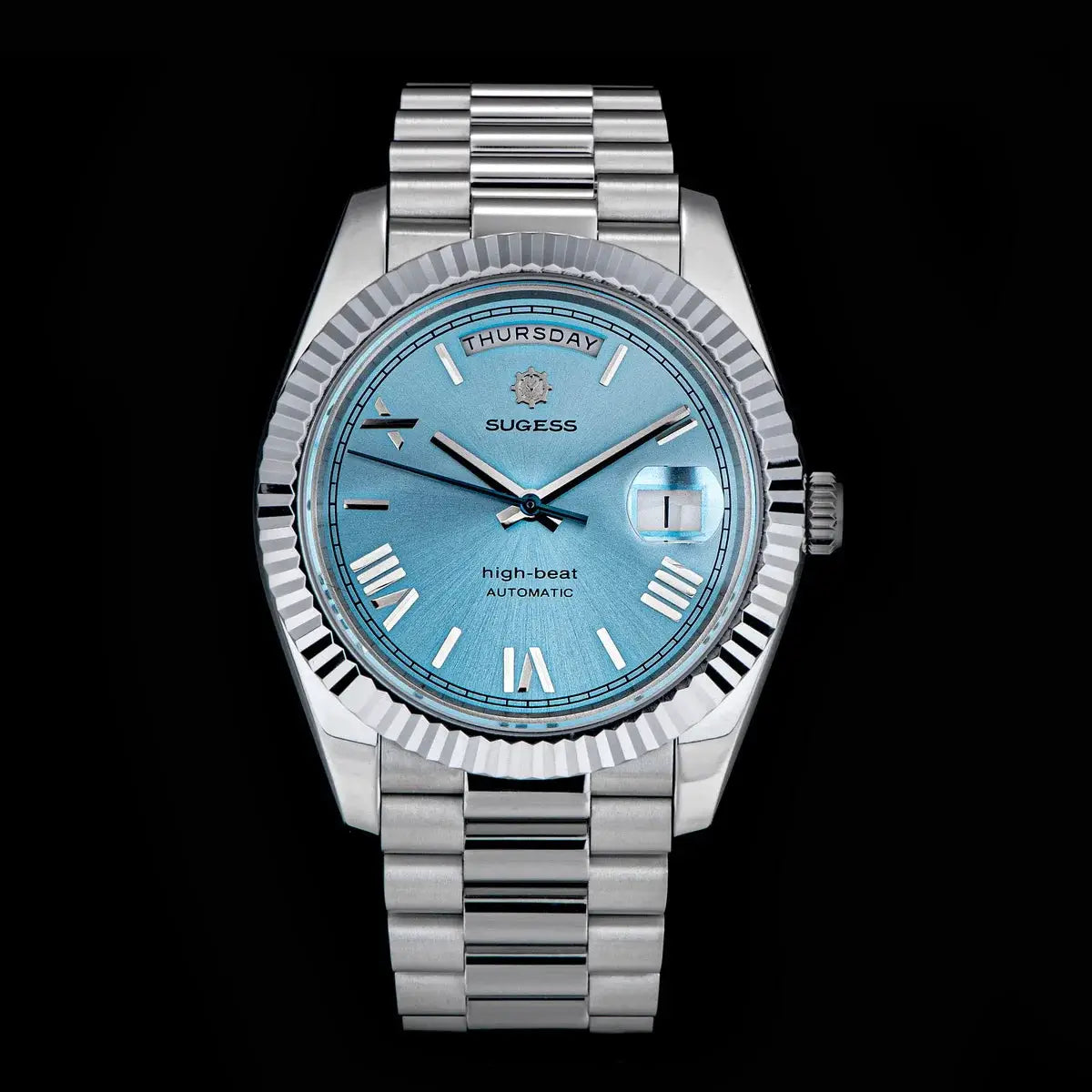 Sugess men's automatic wristwatch with blue dial, day-date, stainless steel bracelet