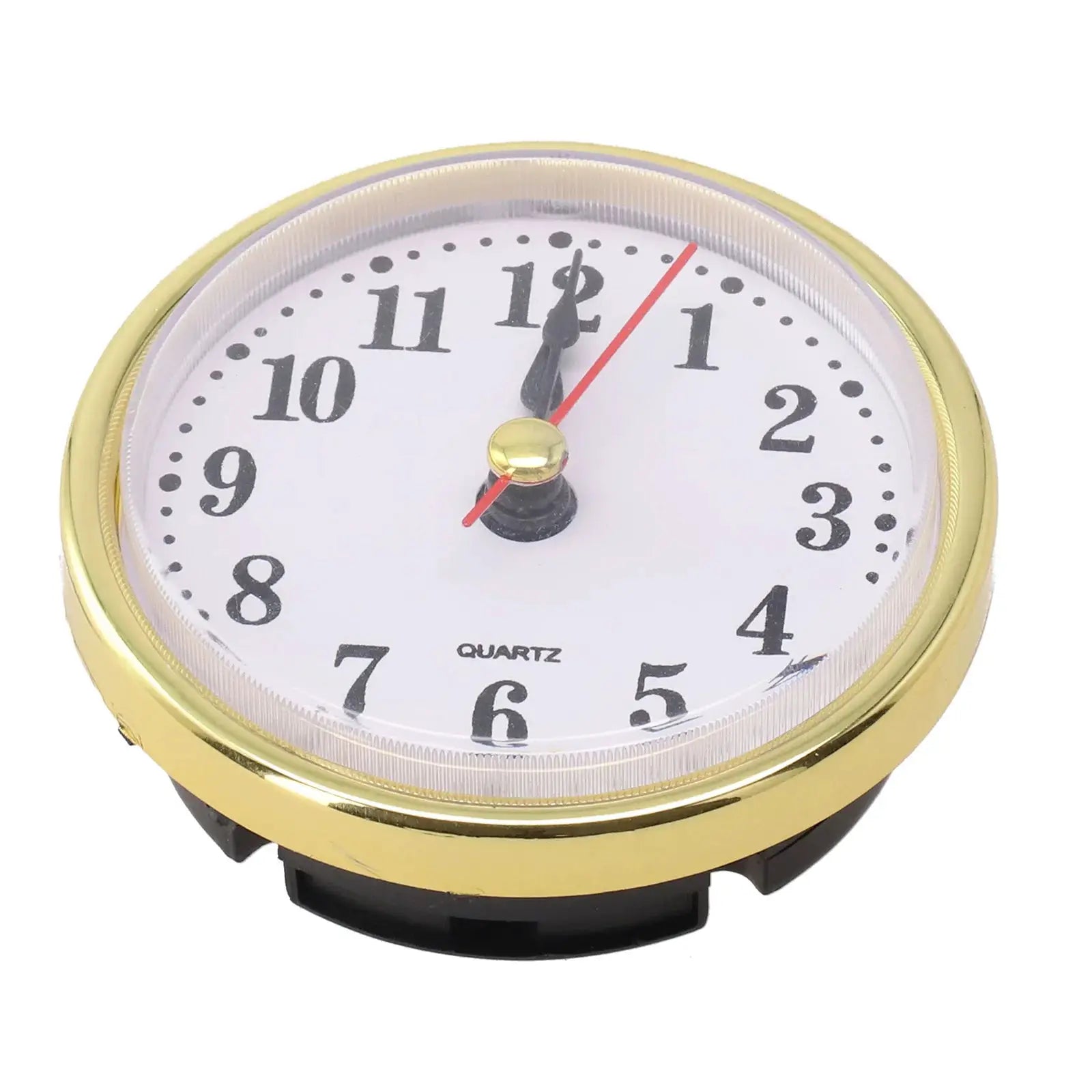 65mm round wall clock insert with gold bezel, white dial, black numbers, red second hand, quartz movement