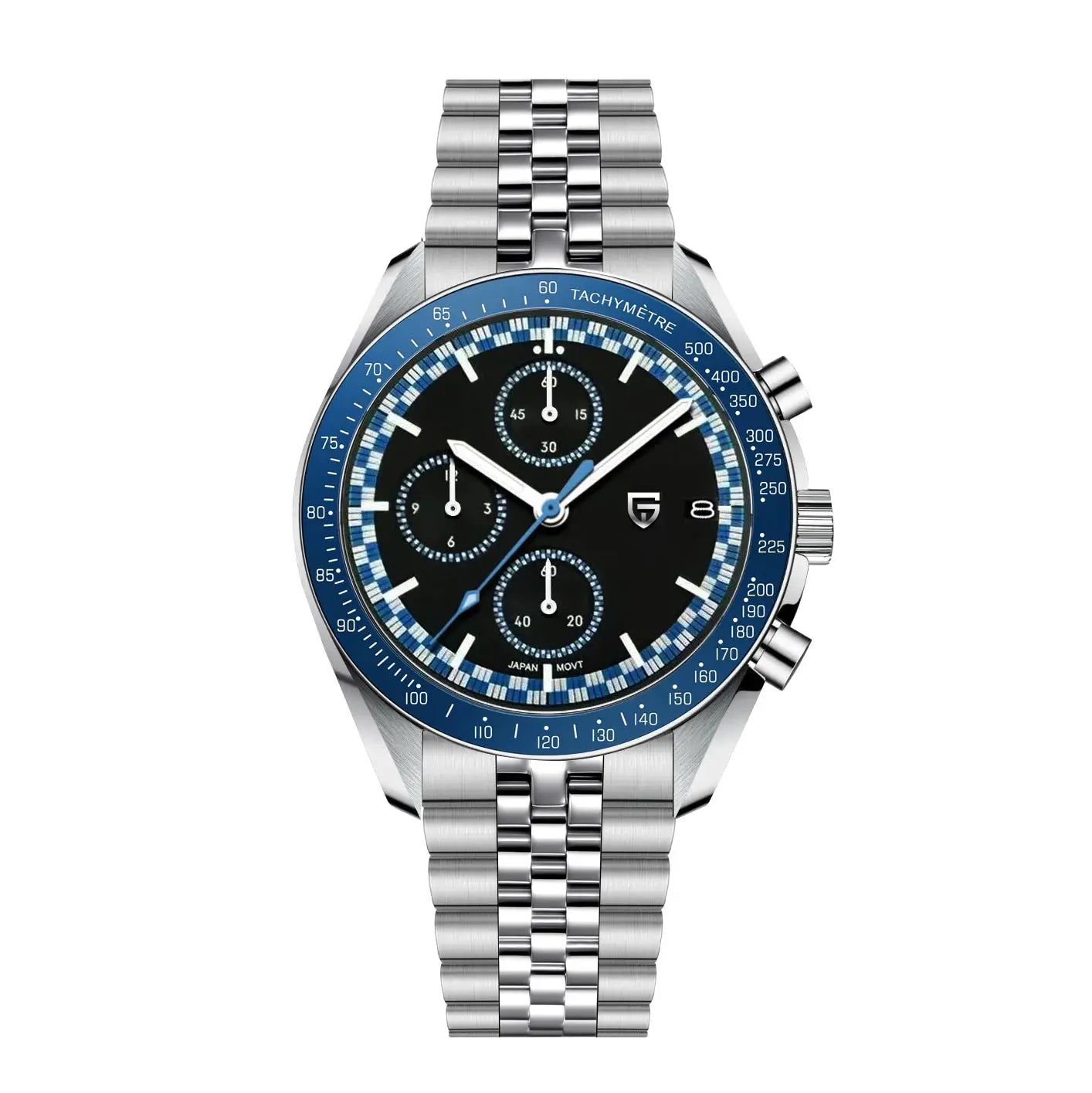 Pagani Design men's stainless steel chronograph watch with blue tachymeter bezel, black dial, date window