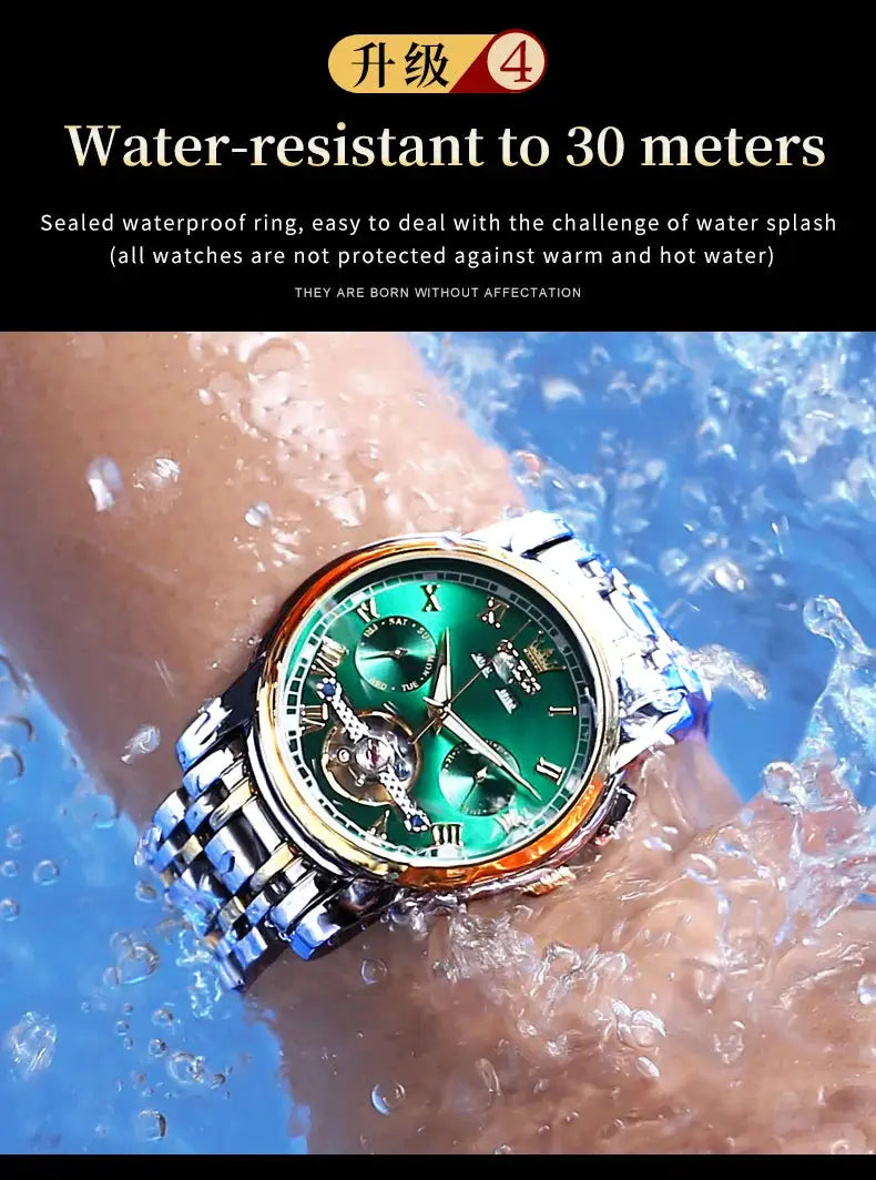OLEVS 6607 stainless steel skeleton watch with green dial and dual calendar, men's mechanical wristwatch