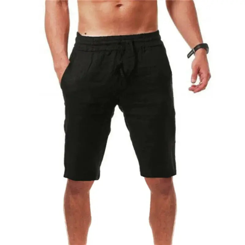 Men's black cotton shorts with drawstring, knee-length and breathable, Simples Market