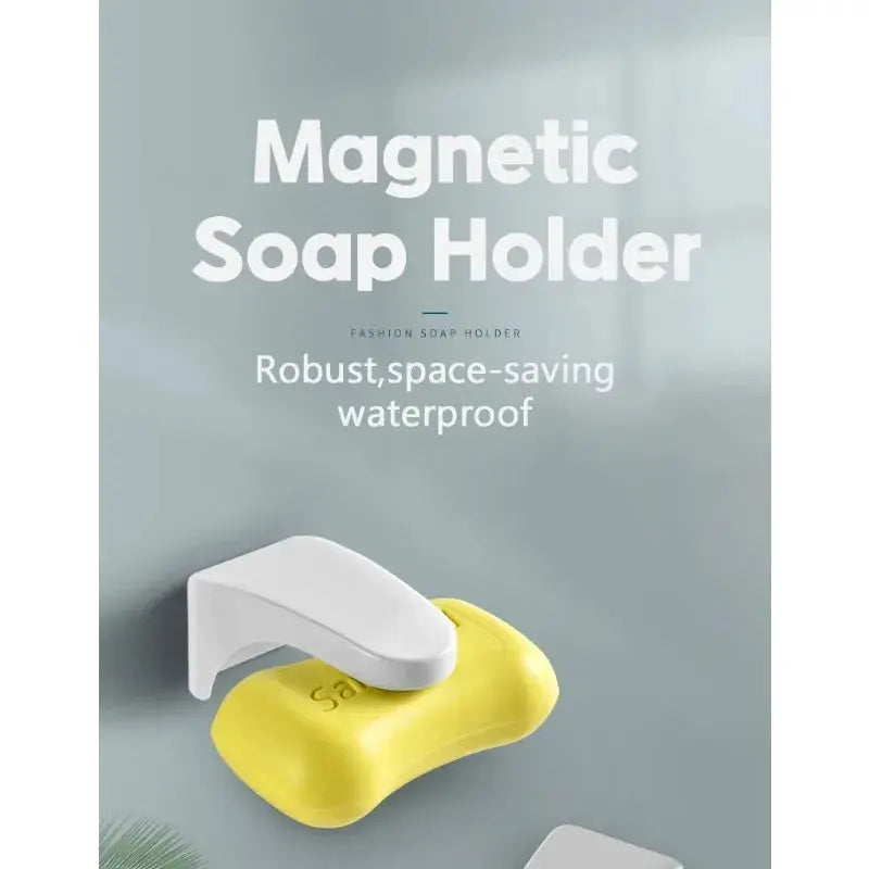 Magnetic soap holder wall mount with white arm holding a yellow soap.