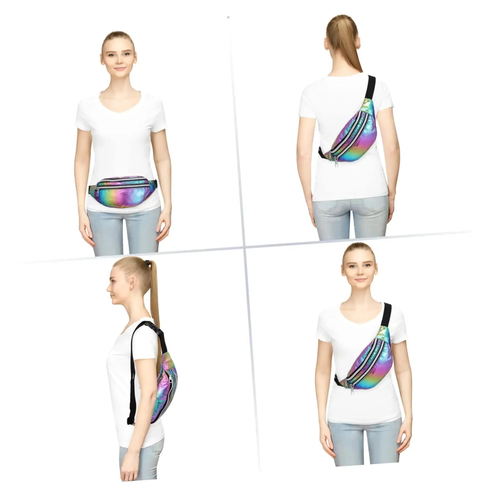Holographic fanny pack by Simples Market; iridescent rainbow waist belt bag with zip
