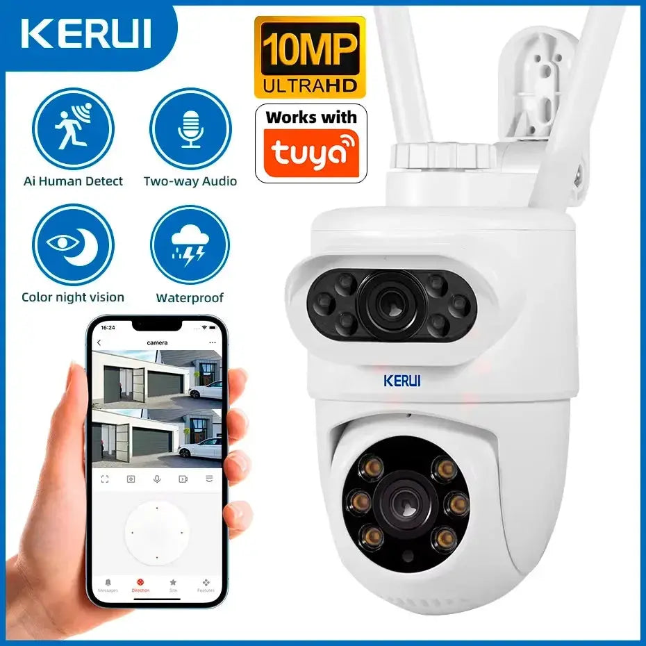 KERUI outdoor security camera, 10MP dual-lens WiFi PTZ, Tuya-compatible, white