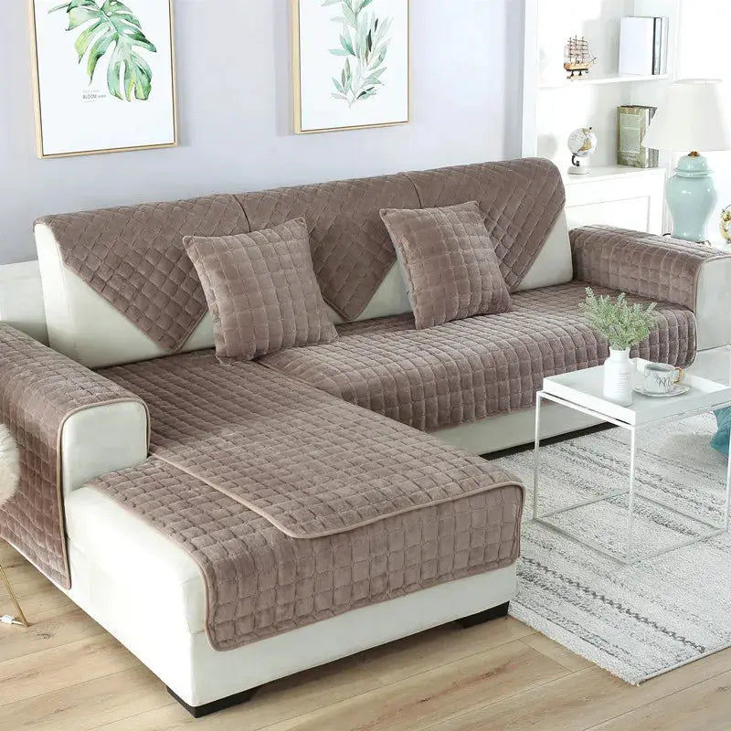 Velvet plaid sofa cover set for armrests and back, brown, non-slip thickened flannel for living room sofa