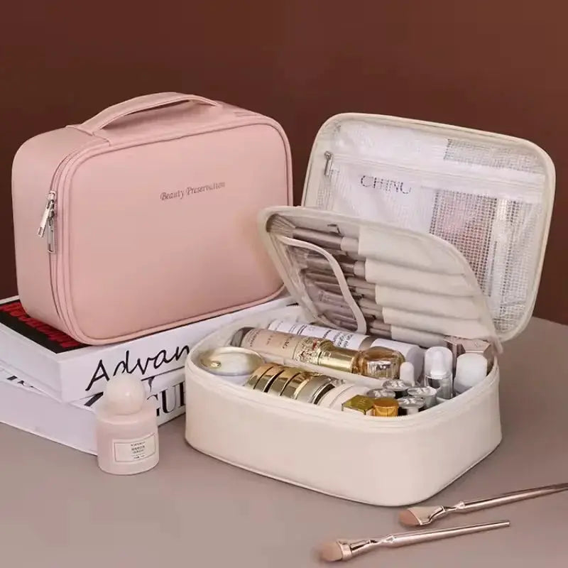 LuxeLine Double Layer Luxury Cosmetic Bag Large Capacity Travel Organizer For Women