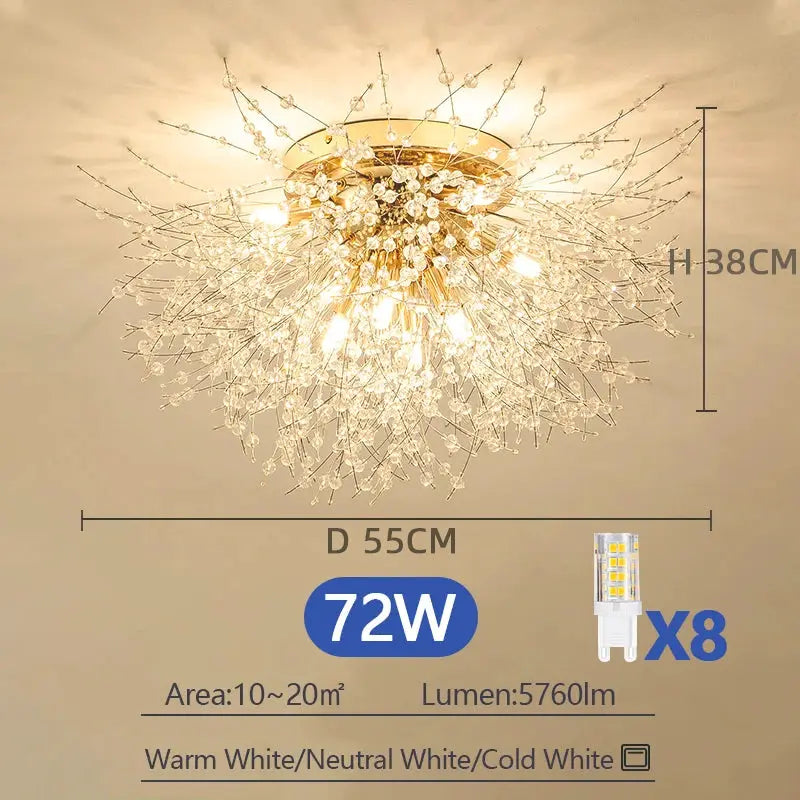 IRALAN crystal LED ceiling chandelier by Simples Market, gold finish with crystal droplets, 72W, 8 LEDs, 3-color white
