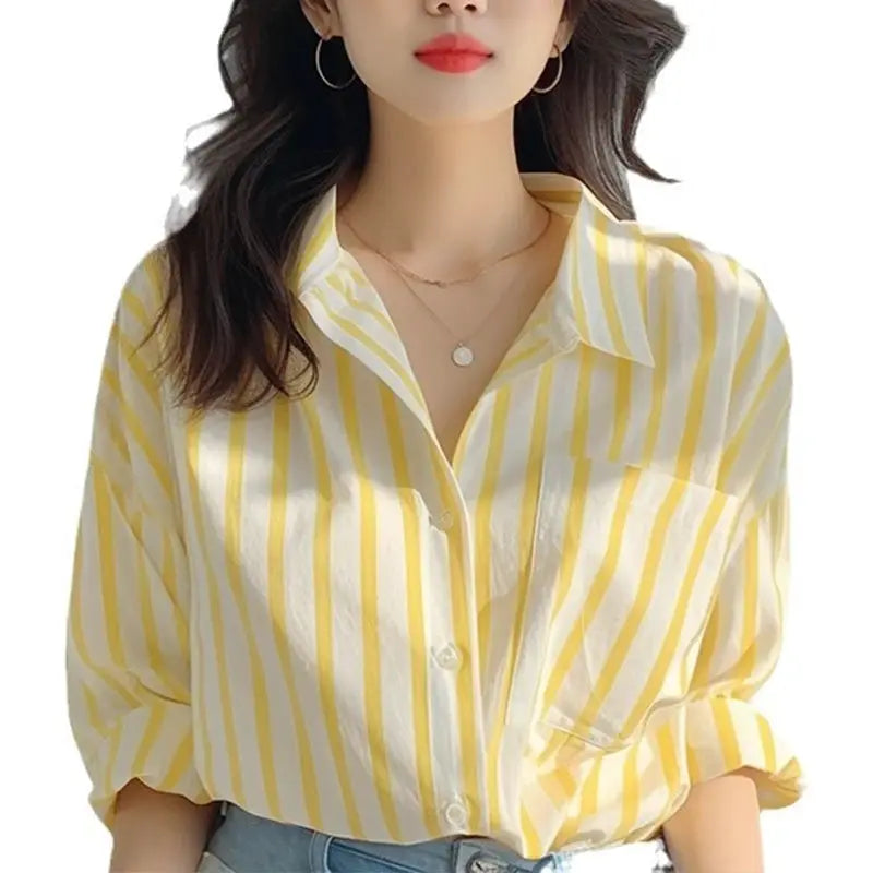 Women's yellow and white striped button-down shirt, long sleeves, relaxed fit