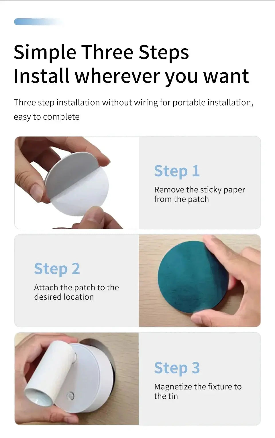 Rechargeable LED wall lamp by Simples Market; three-step install guide shows peeling, patching, and magnetizing.