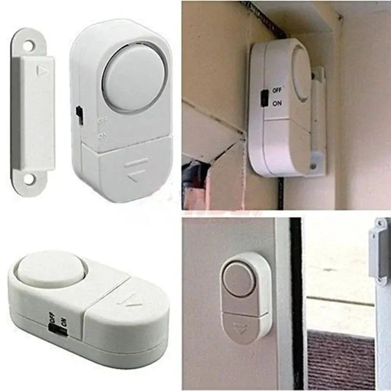 Door and window alarm kit in white with magnetic sensor and wireless alarm unit by Simples Market