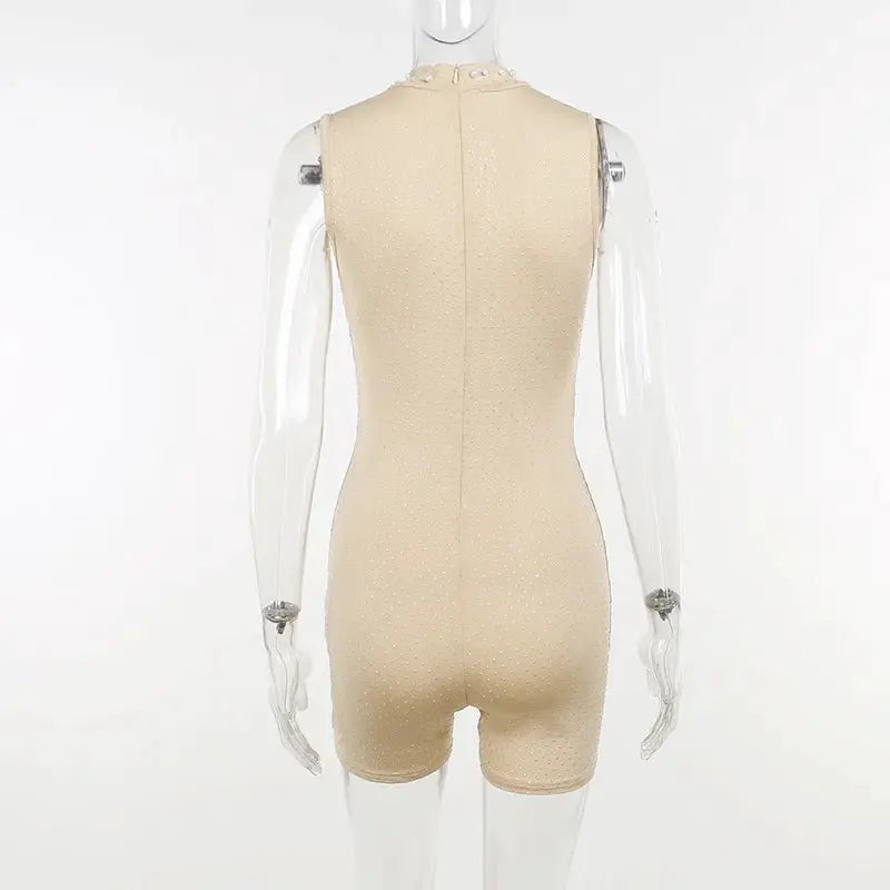 Simples Market apricot beaded mesh jumpsuit, sleeveless O-neck romper, back view