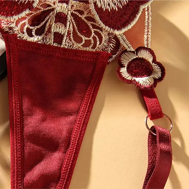 Butterfly lace thong for women, red satin panel with floral embroidery and adjustable waist strap with ring