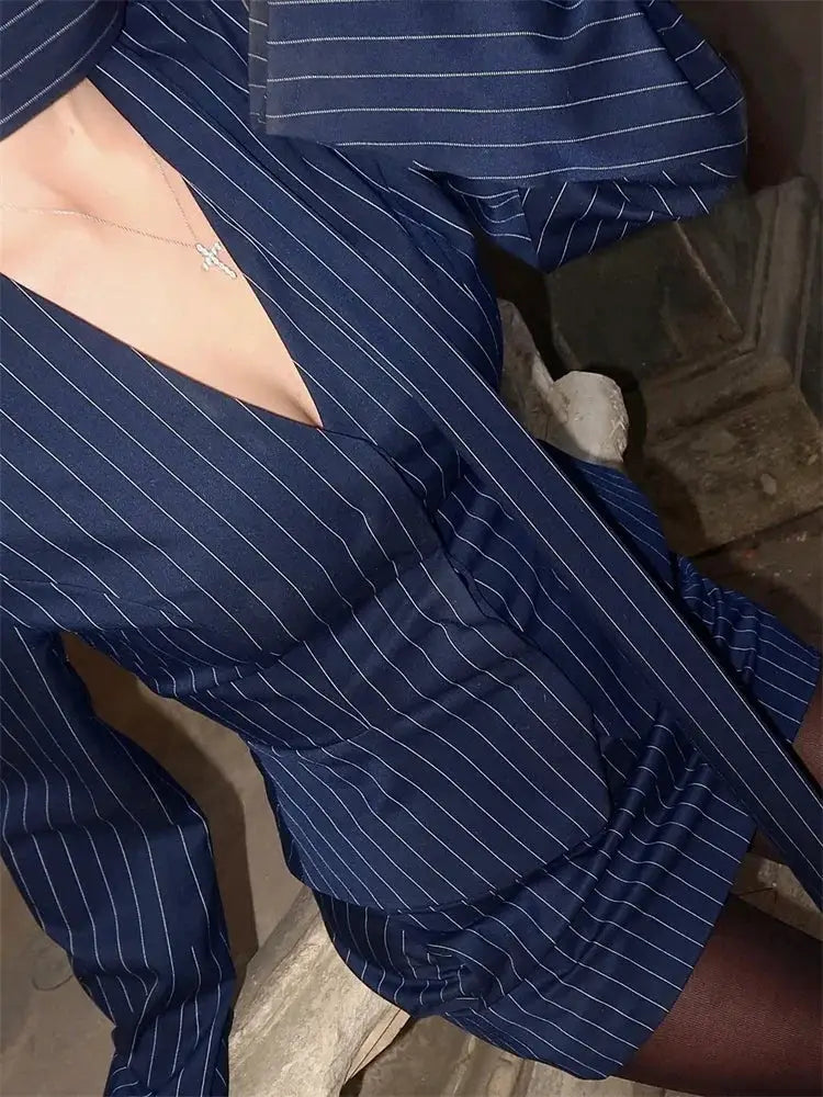Tossy 3 Piece Luxurious Set With V Neck Blazer Striped Patchwork Mini Skirt For Office And Party Looks