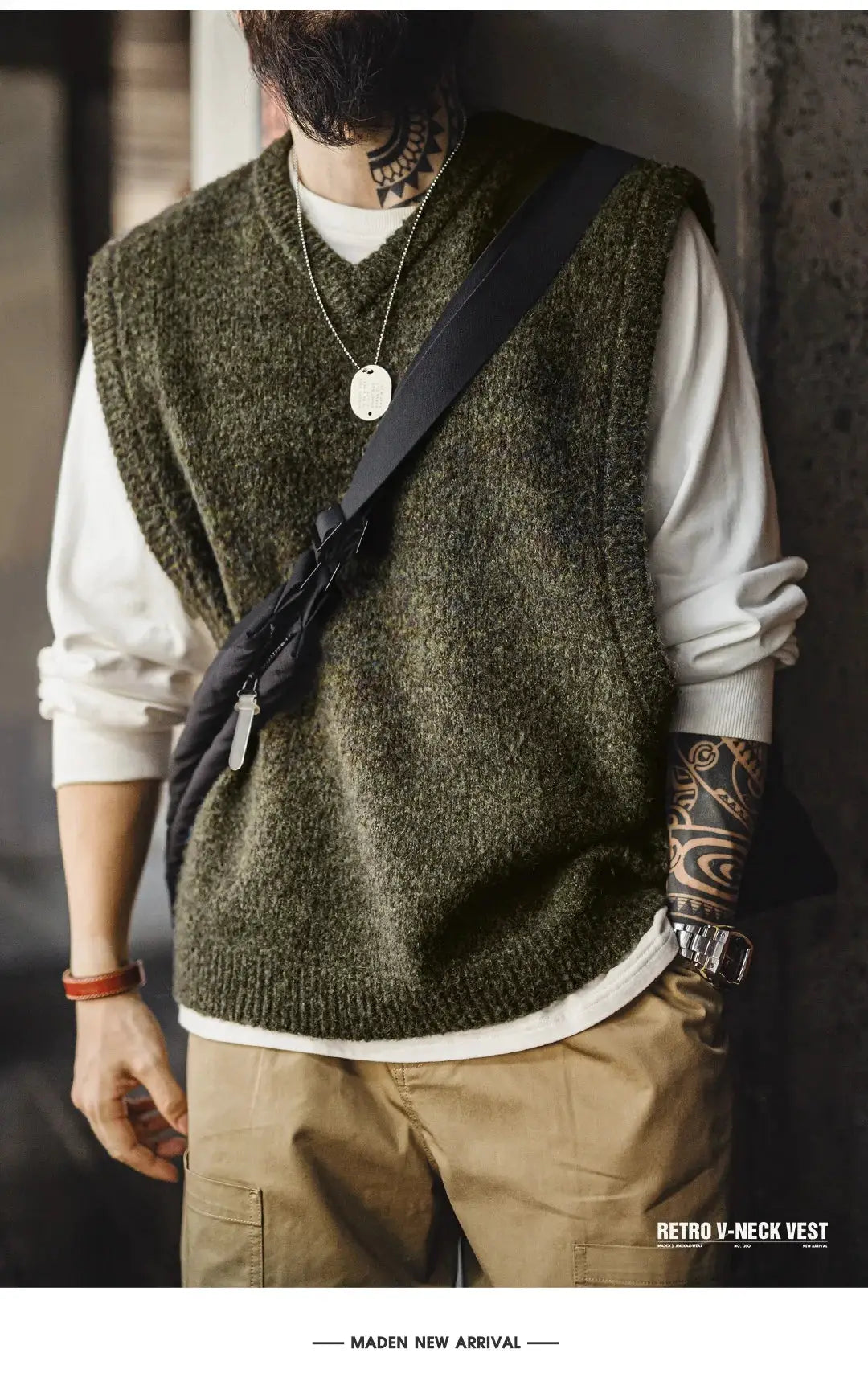 Simples Market Maden retro wool-blend knitted V-neck vest in olive green for men