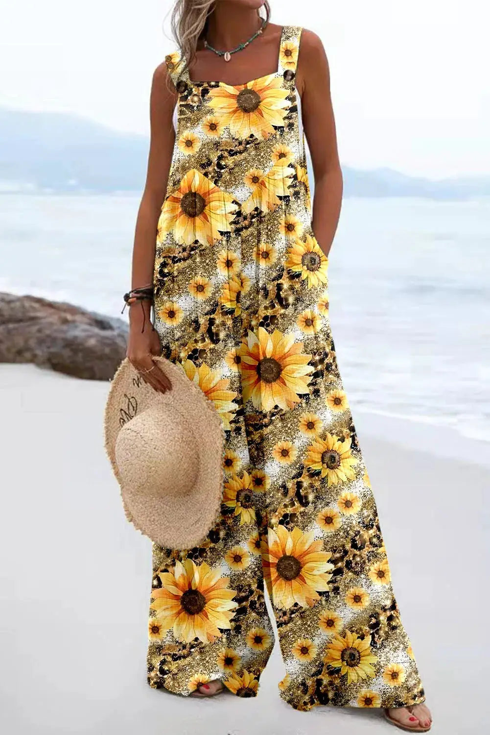 Sunflower print sleeveless jumpsuit, loose wide-leg for women, Simples Market