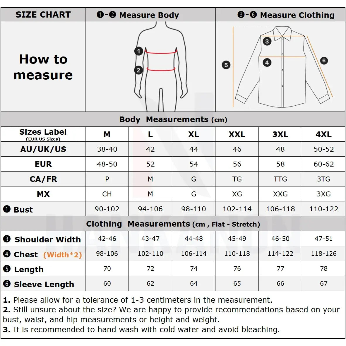 Simples Market Premium Men's Ultra-Stretch Shirt size chart with body and clothing measurements