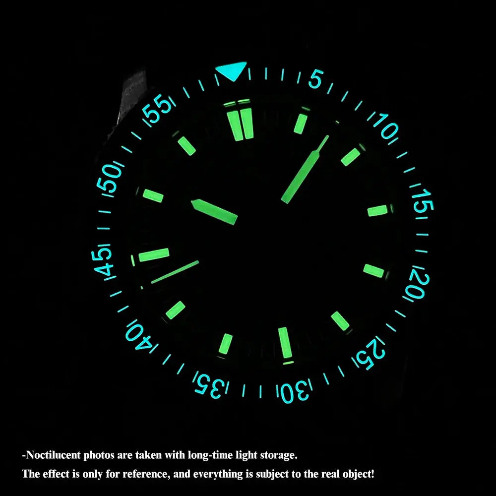STEELFLIER SF783 NH35 automatic dive watch with ceramic bezel; green luminous hands and markers, blue bezel numerals.
