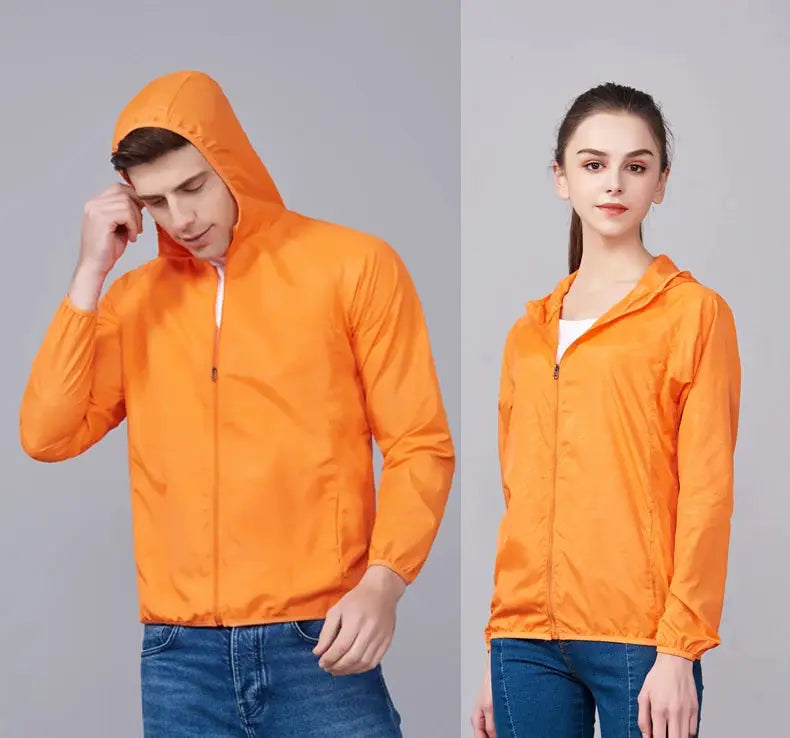 LNGXO waterproof hiking jackets, unisex orange windbreakers for outdoor rain protection, worn by two models