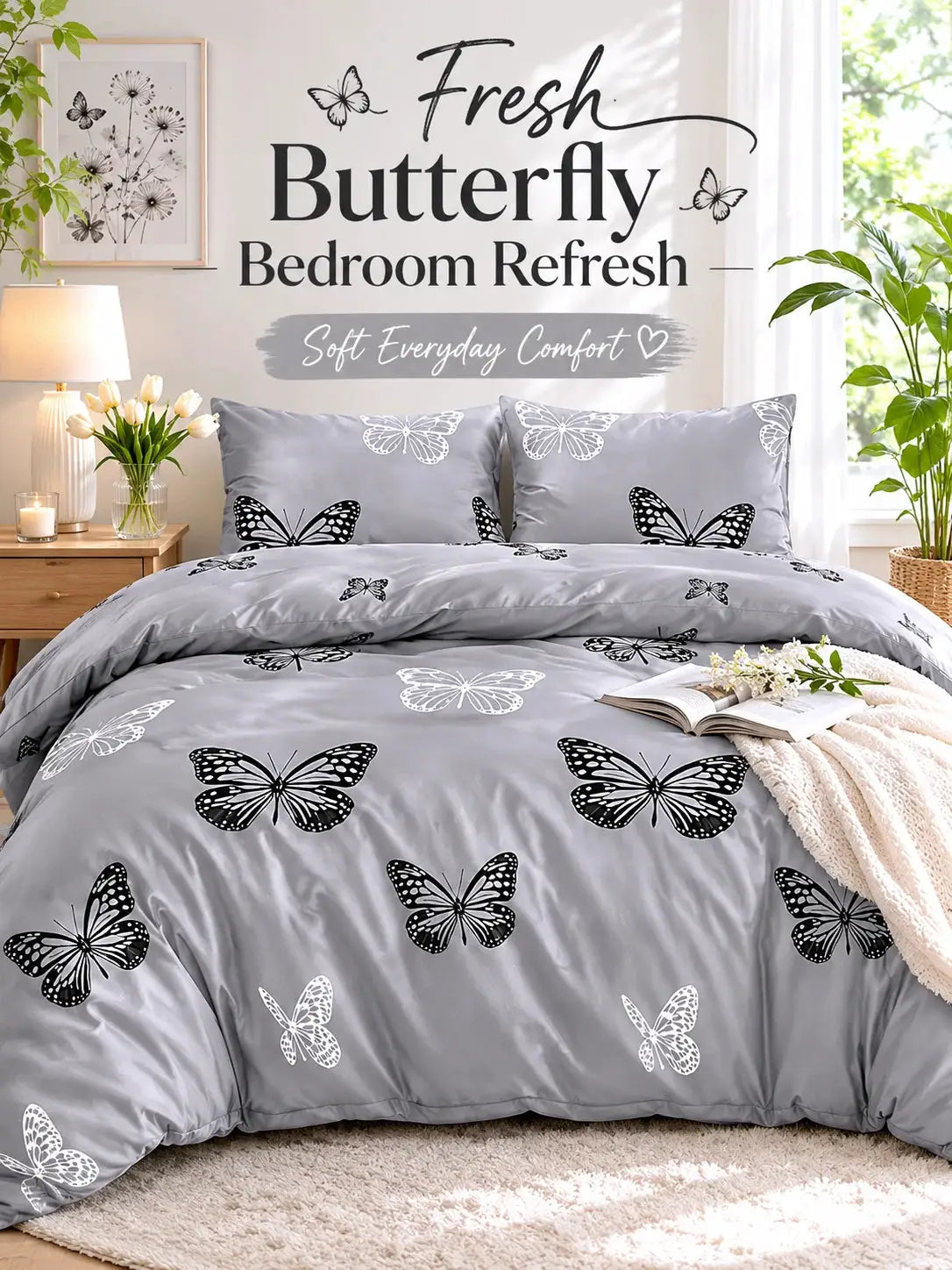 3-piece gray butterfly duvet cover set with two pillowcases on a neatly made bed