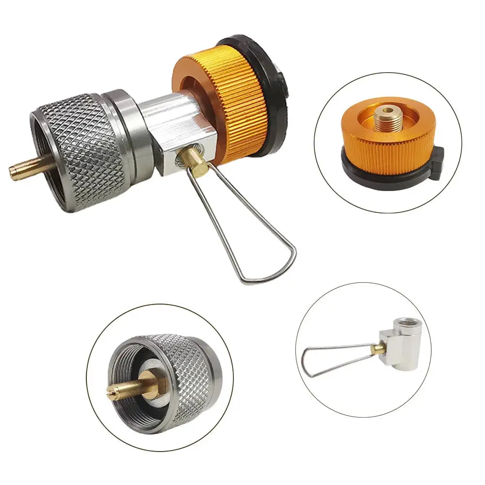 Simples Market 3pc camping stove adapter set; orange knurled ring, metal fittings, Lindal valve compatibility.