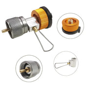 Simples Market 3pc camping stove adapter set; orange knurled ring, metal fittings, Lindal valve compatibility.